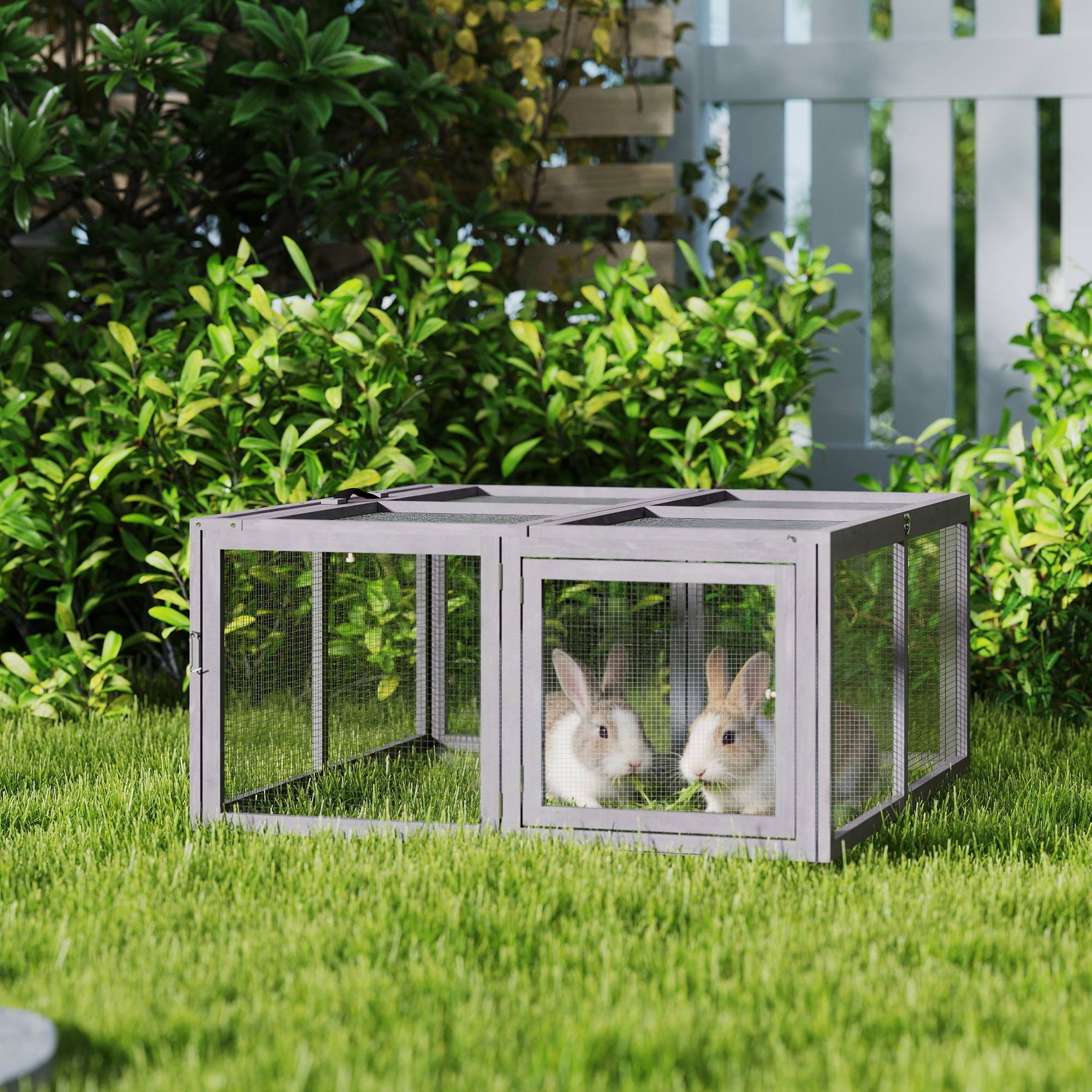 Sans Marque - Clapier lapin extérieur enclos pliable bois toit ouvrant poignée poule/canard 110x105x50 cm gris - Image 4