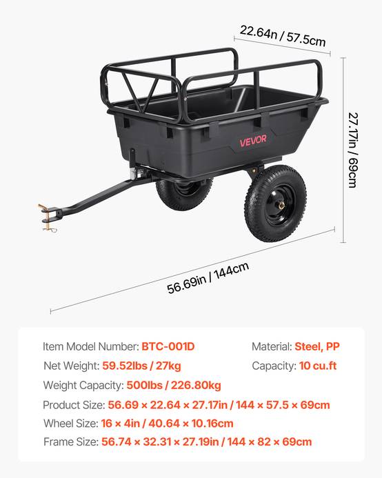 VEVOR Remorque à Benne Basculante Tracteur Tondeuse Gazon Jardin 283 L 226,8 kg - Image 7