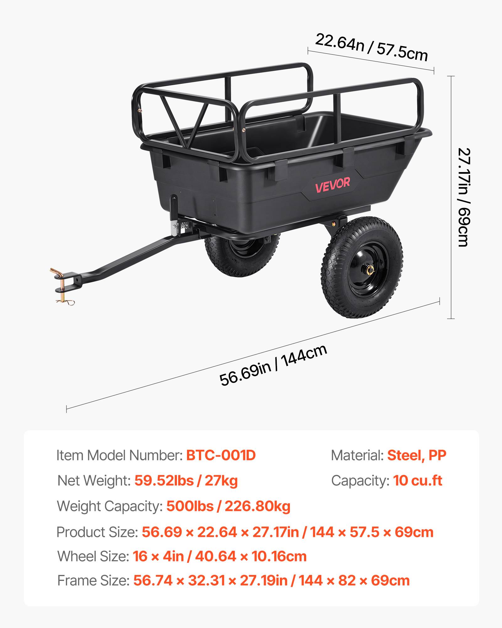 VEVOR Remorque à Benne Basculante Tracteur Tondeuse Gazon Jardin 283 L 226,8 kg - Image 7