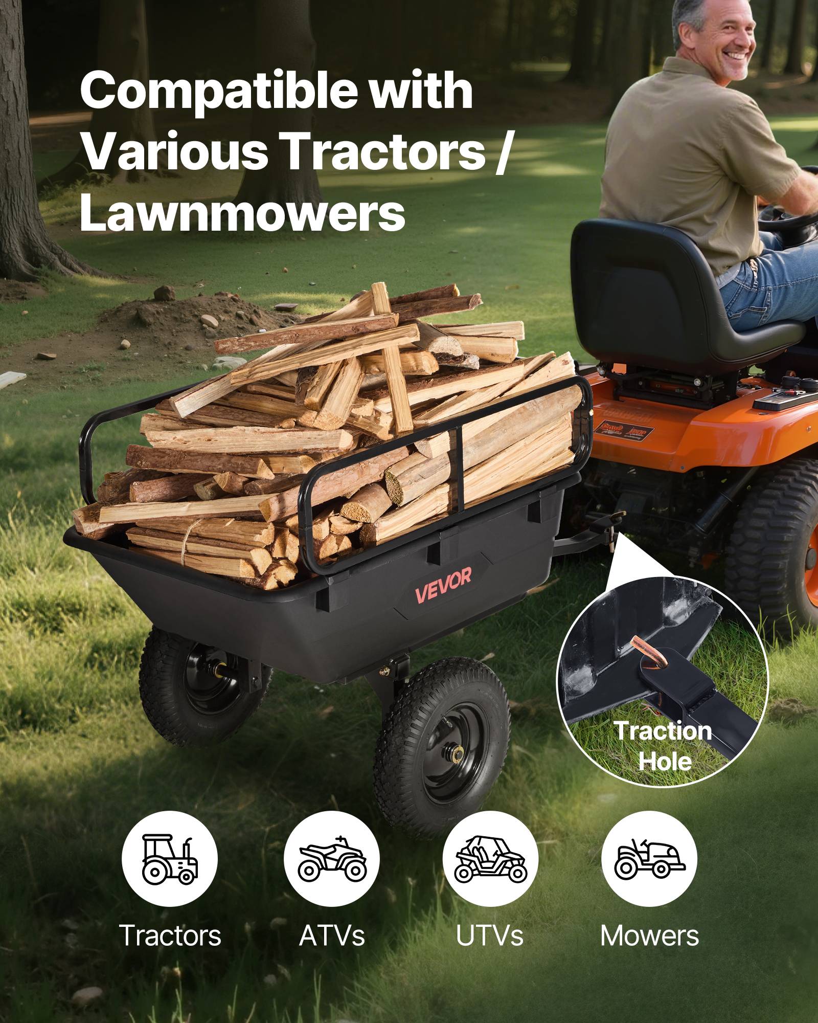 VEVOR Remorque à Benne Basculante Tracteur Tondeuse Gazon Jardin 283 L 226,8 kg - Image 2