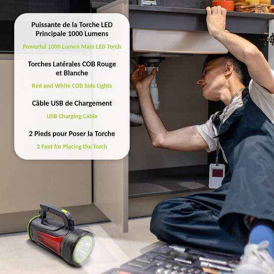 Lampe Torche LED 1000 Lumens - Portée 1 Km Rechargeable USB Camping Travaux Sécurité - Image 5