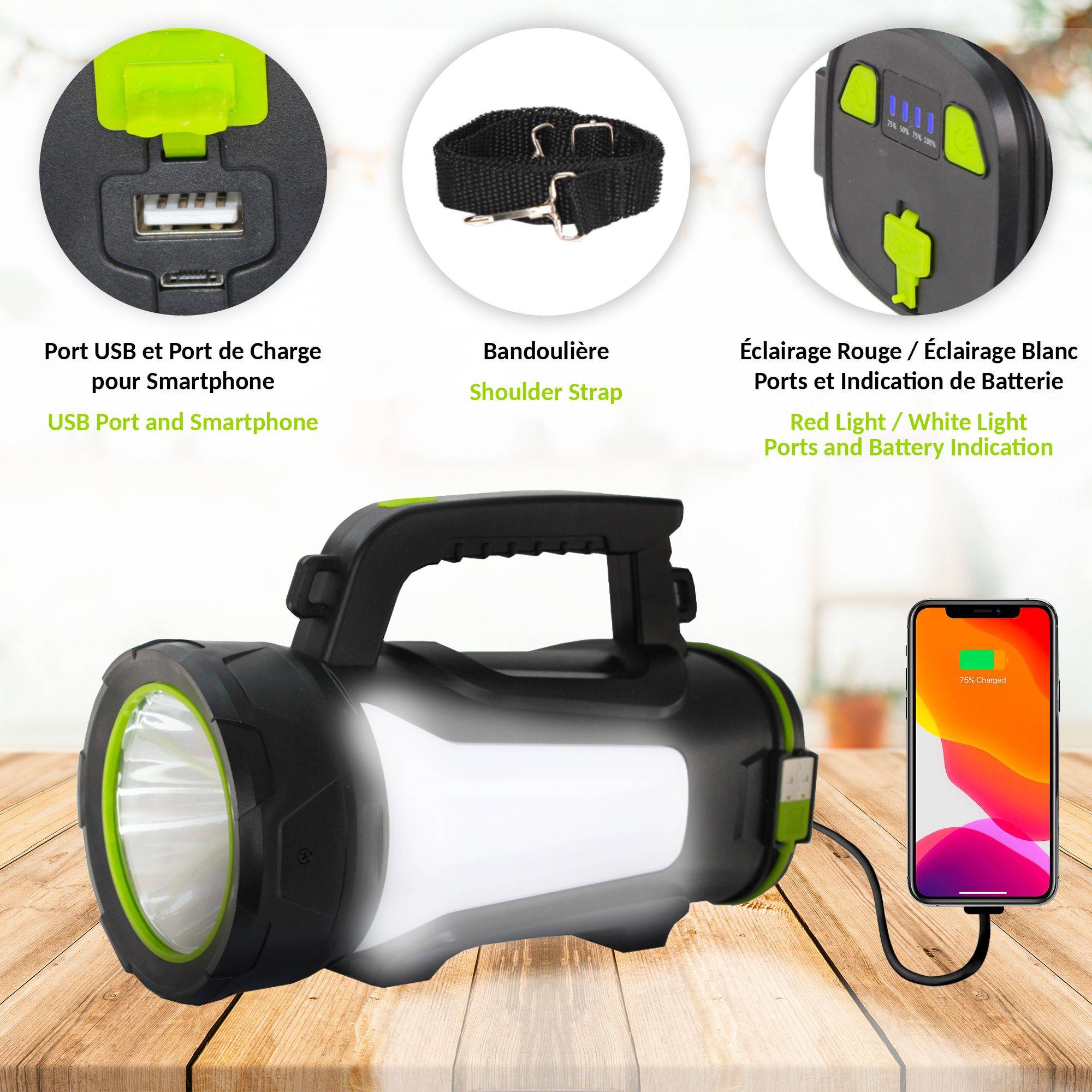 Lampe Torche LED 1000 Lumens - Portée 1 Km Rechargeable USB Camping Travaux Sécurité - Image 3
