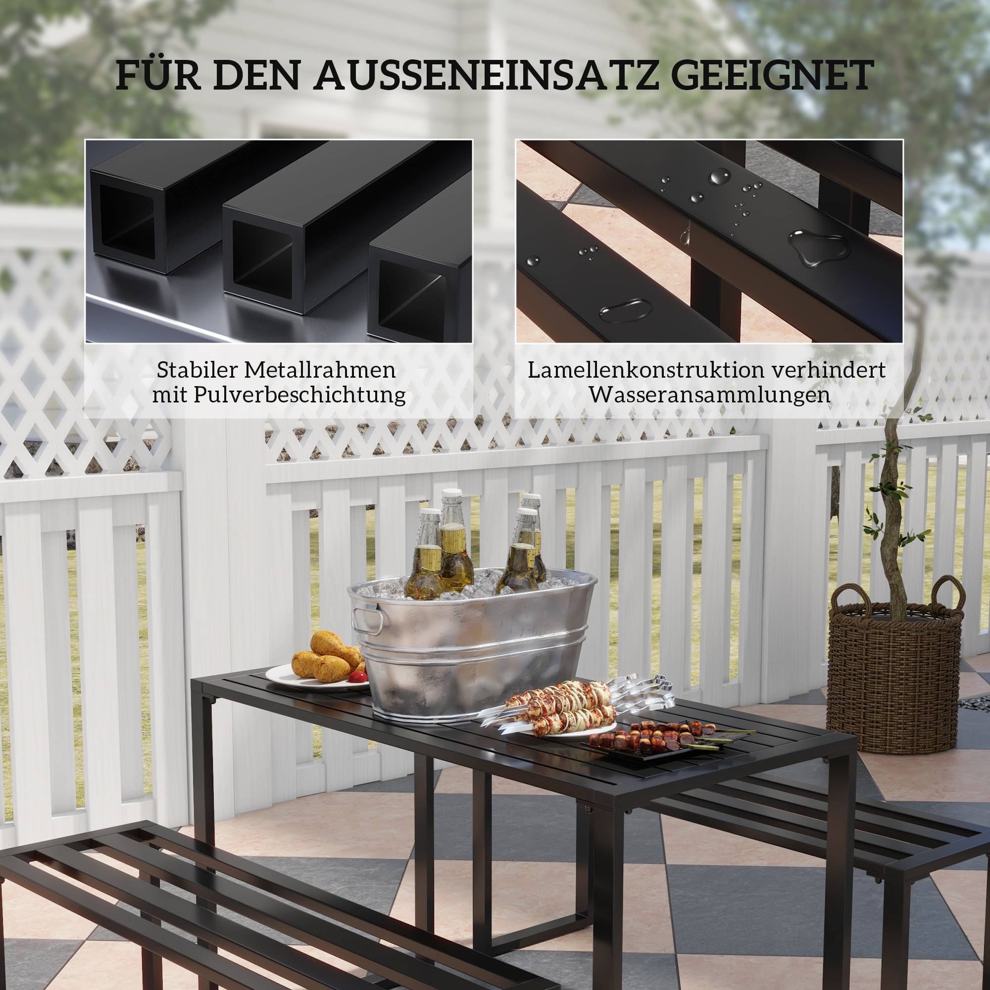 ComfortXL - Salon de jardin métal terrasse extérieur table 2 bancs 4 places 110cm noir - ComfortXL Outdoor Living - Image 4