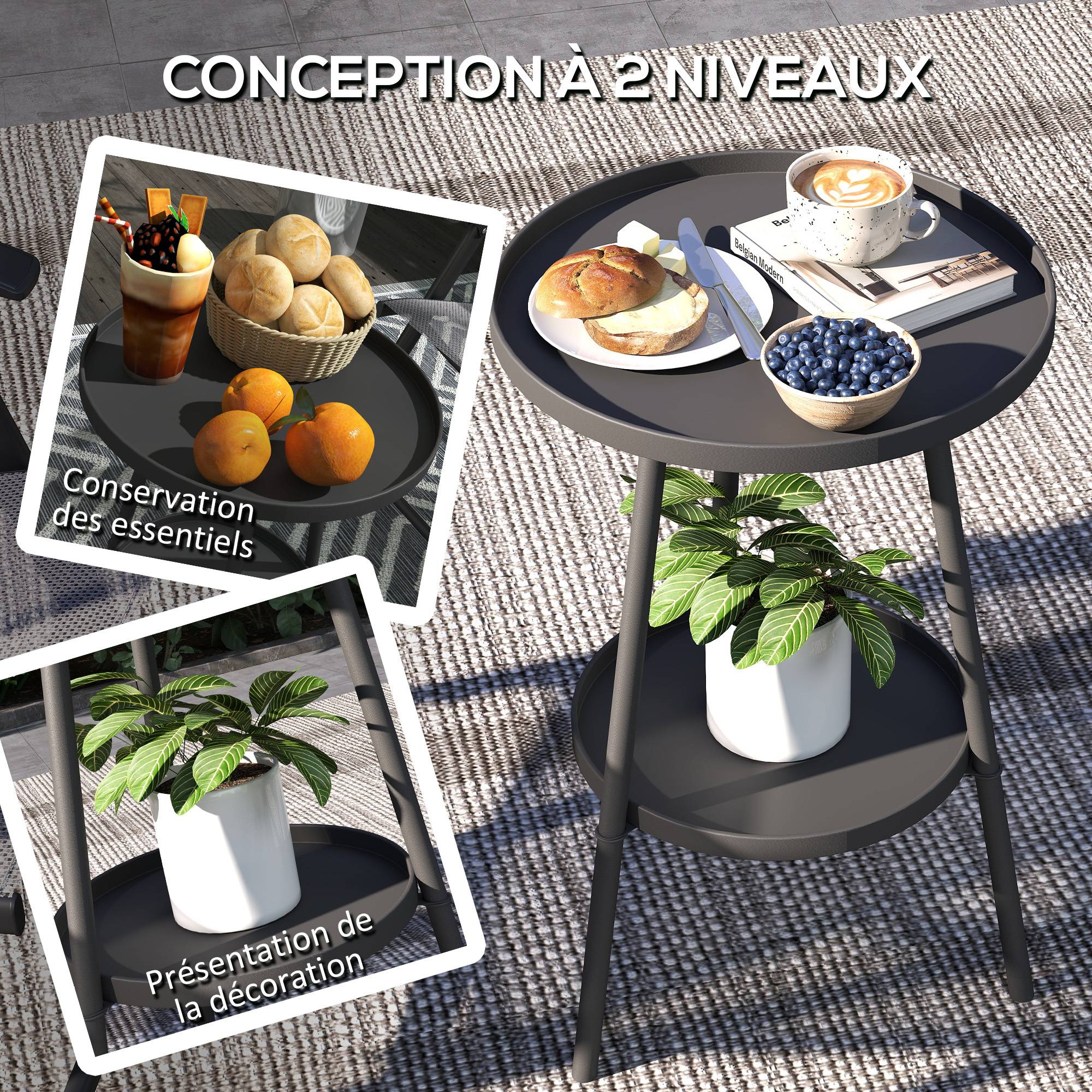 Petite table d'appoint ronde à 2 niveaux table de jardin pour terrasse salon balcon en métal Ø 32 x 51 cm noir - Image 6
