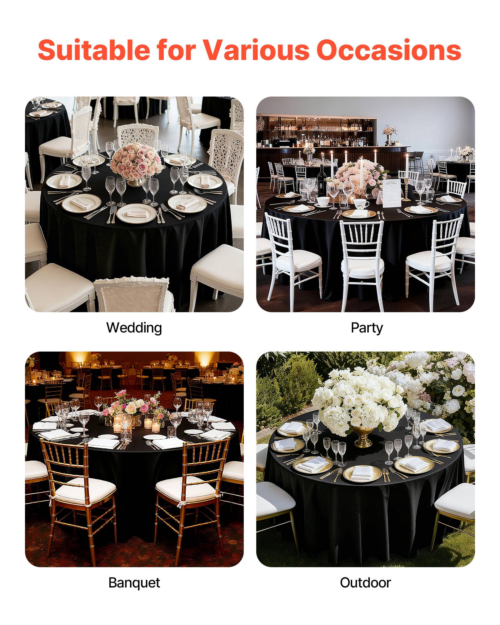 Vevor - VEVOR Nappe ronde noire de table en polyester 3048 mm lot de 6 pour mariage - Image 7