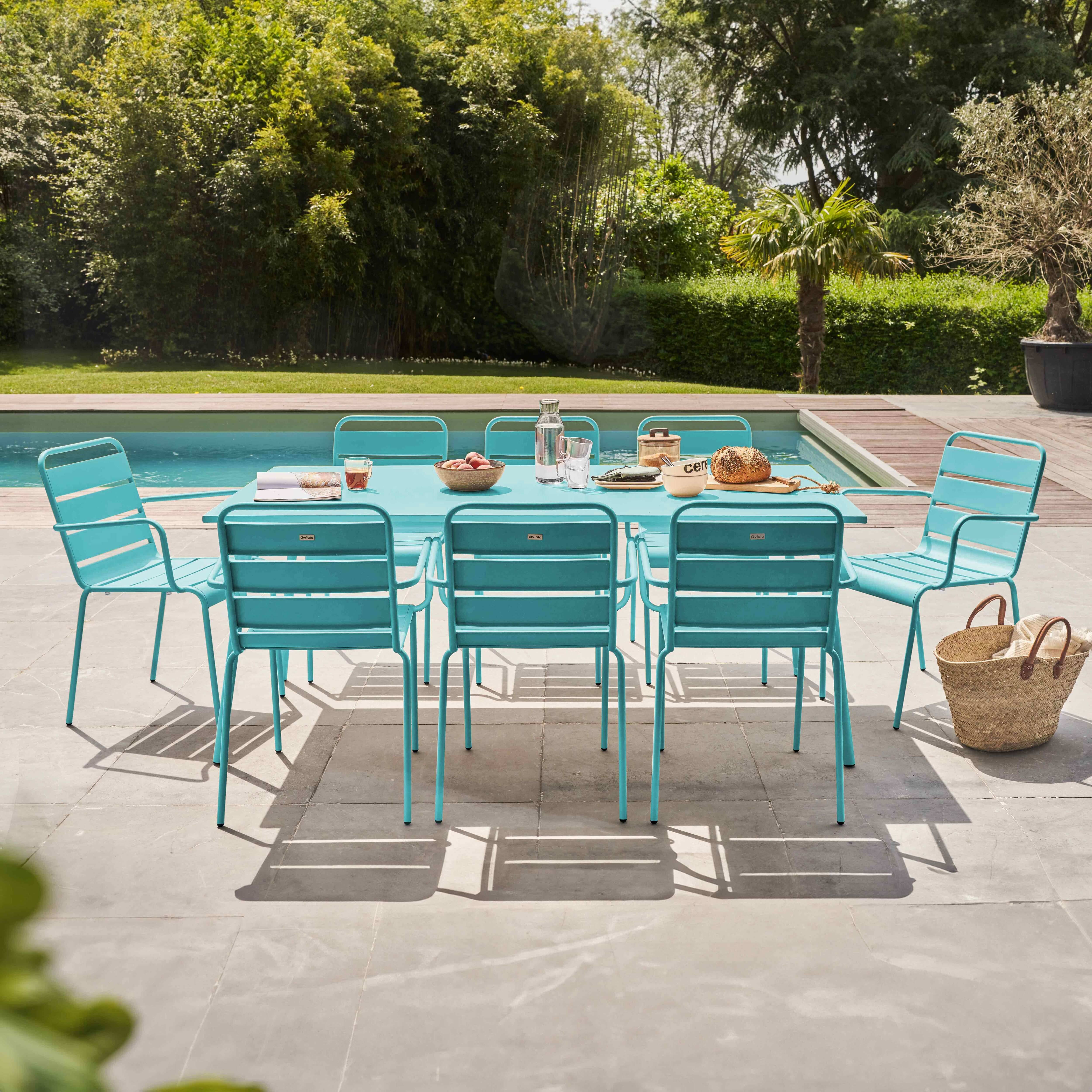 Oviala - Ensemble table de jardin et 8 fauteuils en métal turquoise Palavas - Oviala - Imagen 2