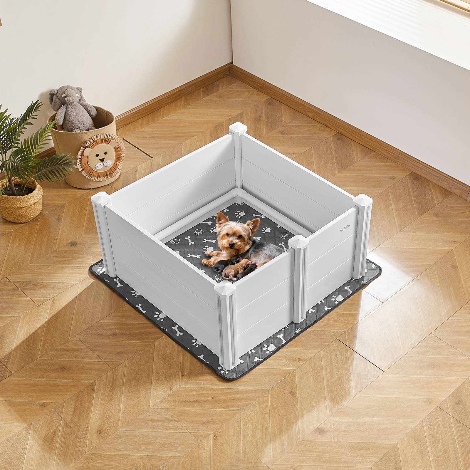 VEVOR Parc mise bas chien, 98x98x46 cm, PVC, porte hauteur réglable. - Image 8