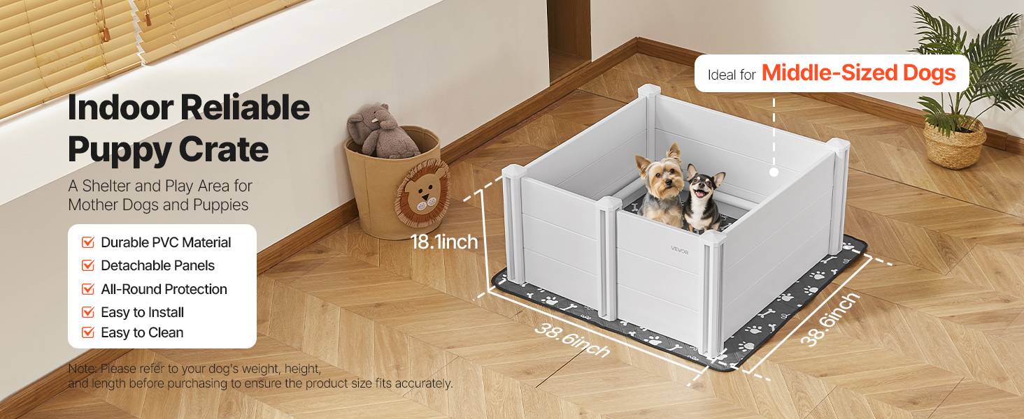 VEVOR Parc mise bas chien, 98x98x46 cm, PVC, porte hauteur réglable. - Image 9