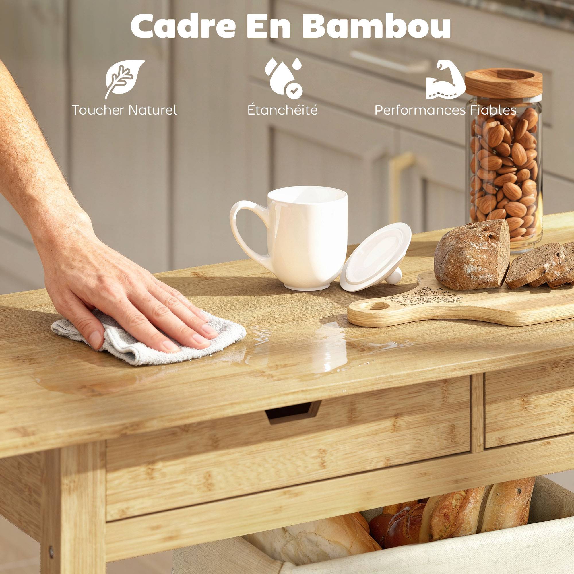 Desserte de cuisine à roulettes en bambou, chariot de cuisine avec 2 tiroirs, 2 étagères, 100 x 43 x 75 cm, bois naturel - Image 7
