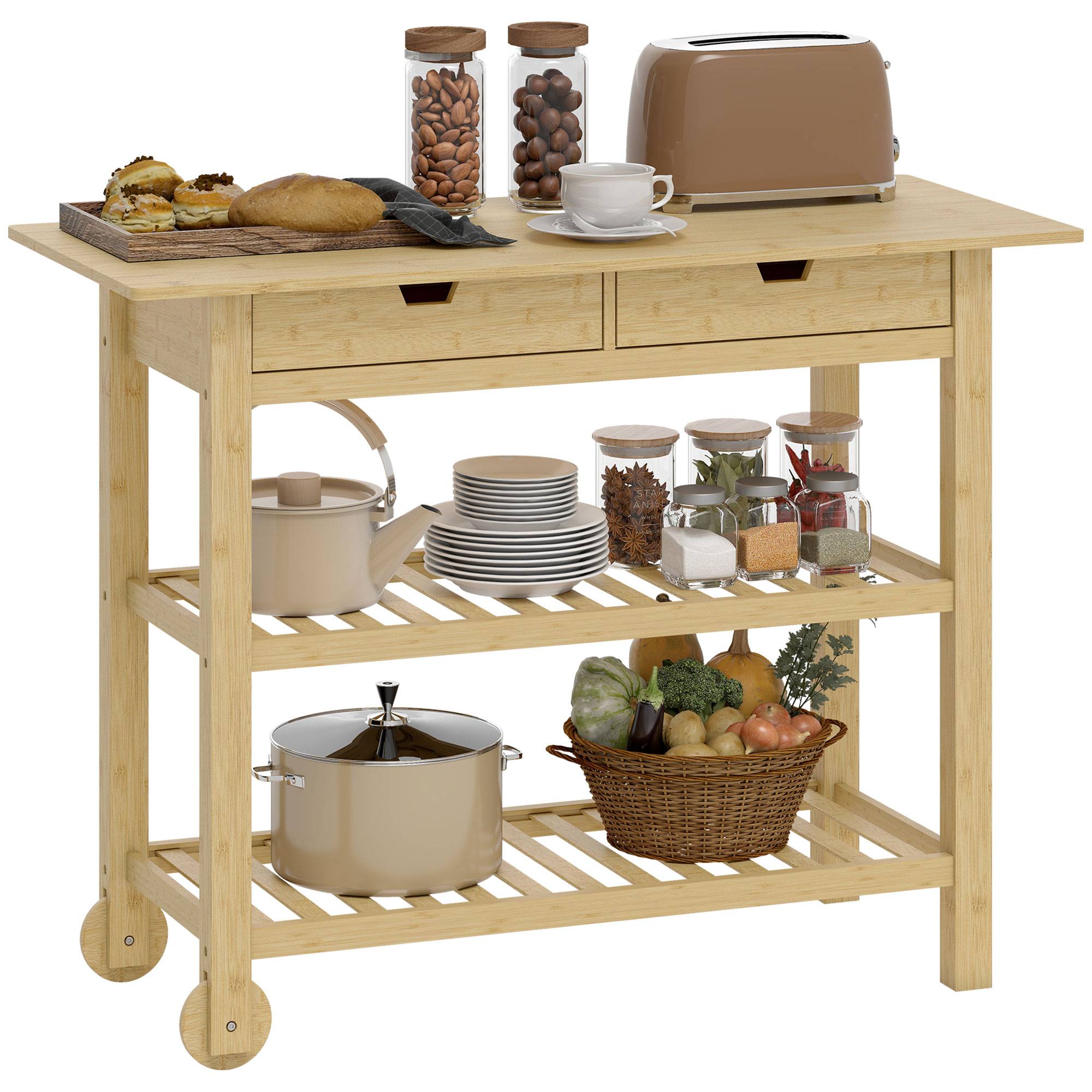 Desserte de cuisine à roulettes en bambou, chariot de cuisine avec 2 tiroirs, 2 étagères, 100 x 43 x 75 cm, bois naturel - Image 1