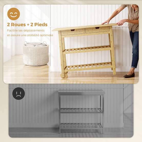 Desserte de cuisine à roulettes en bambou, chariot de cuisine avec 2 tiroirs, 2 étagères, 100 x 43 x 75 cm, bois naturel - Image 8