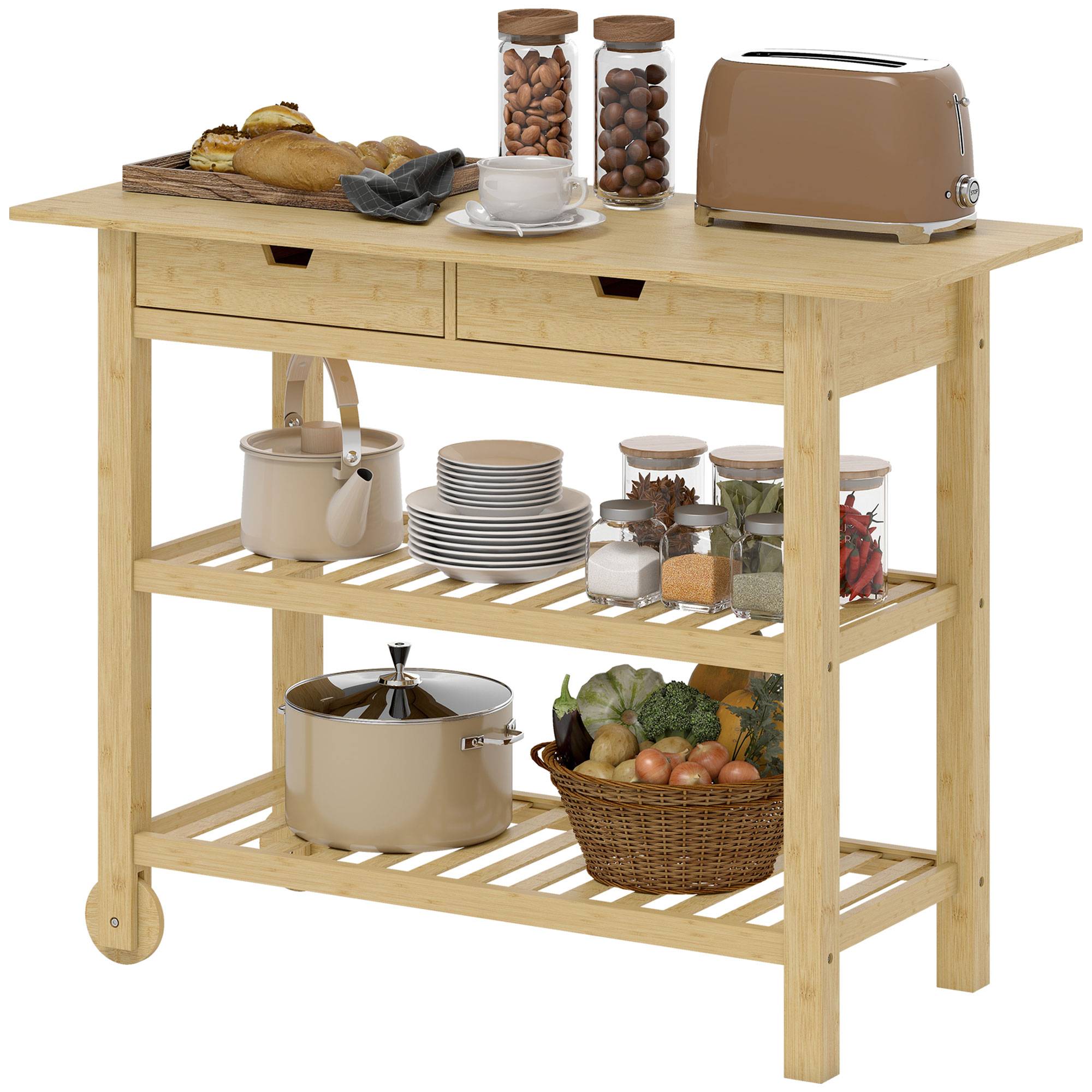 Desserte de cuisine à roulettes en bambou, chariot de cuisine avec 2 tiroirs, 2 étagères, 100 x 43 x 75 cm, bois naturel - Image 2