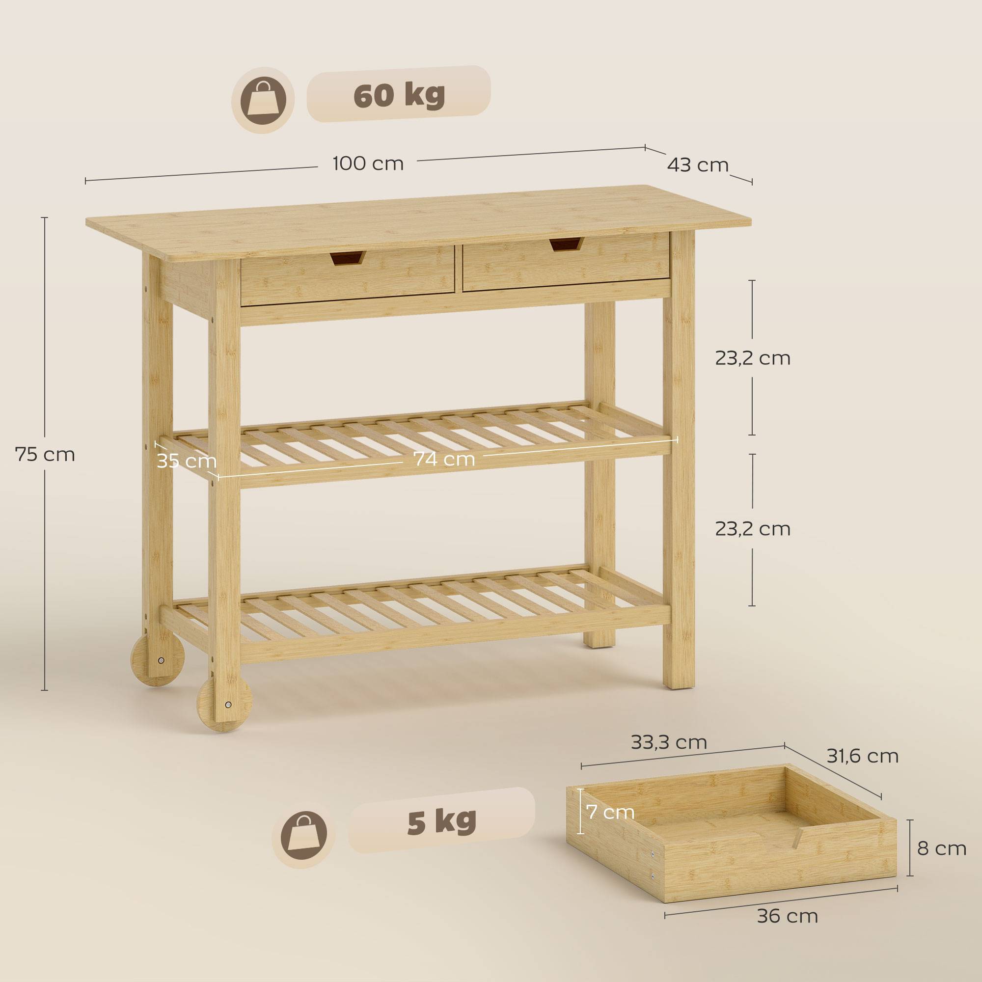 Desserte de cuisine à roulettes en bambou, chariot de cuisine avec 2 tiroirs, 2 étagères, 100 x 43 x 75 cm, bois naturel - Image 5