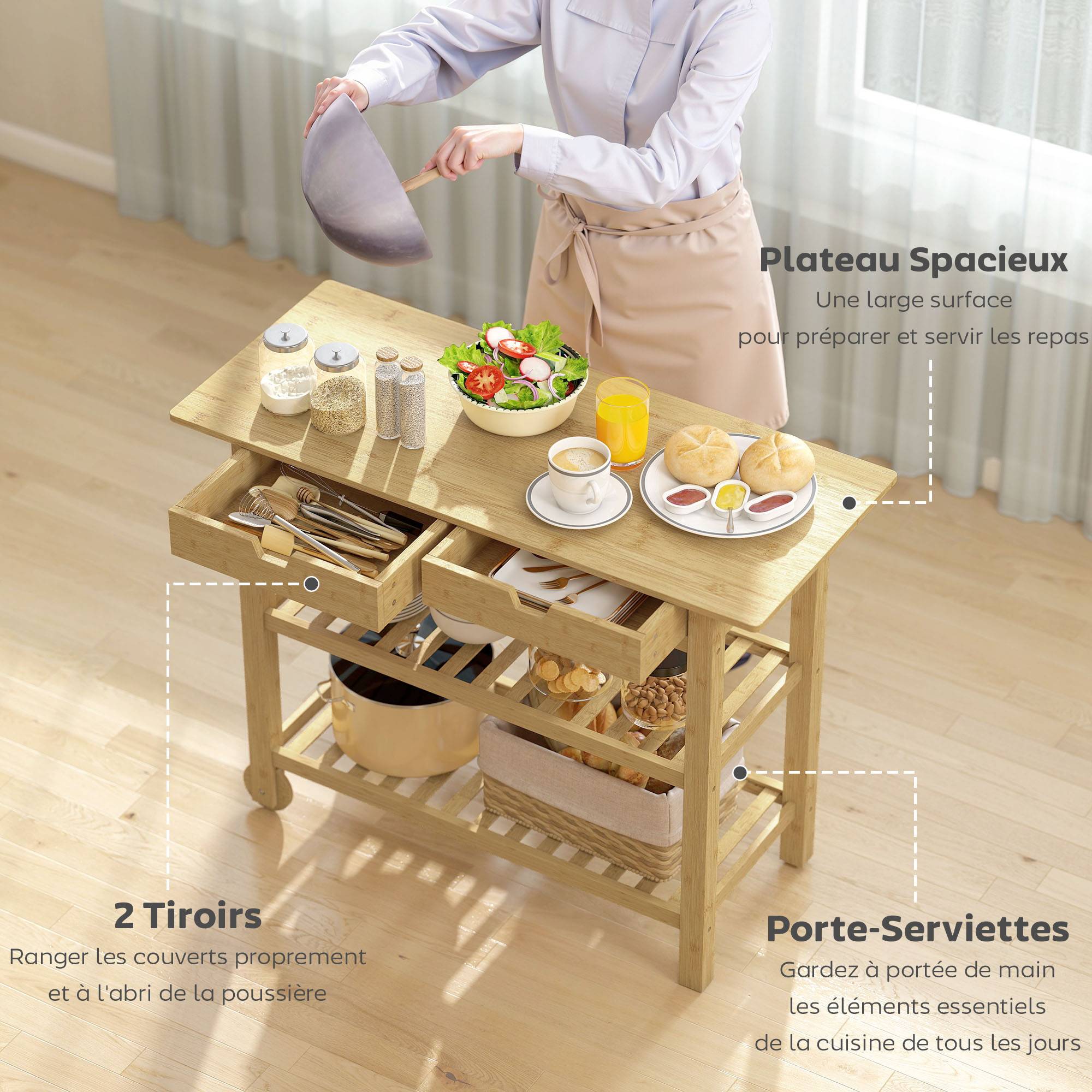 Desserte de cuisine à roulettes en bambou, chariot de cuisine avec 2 tiroirs, 2 étagères, 100 x 43 x 75 cm, bois naturel - Image 6