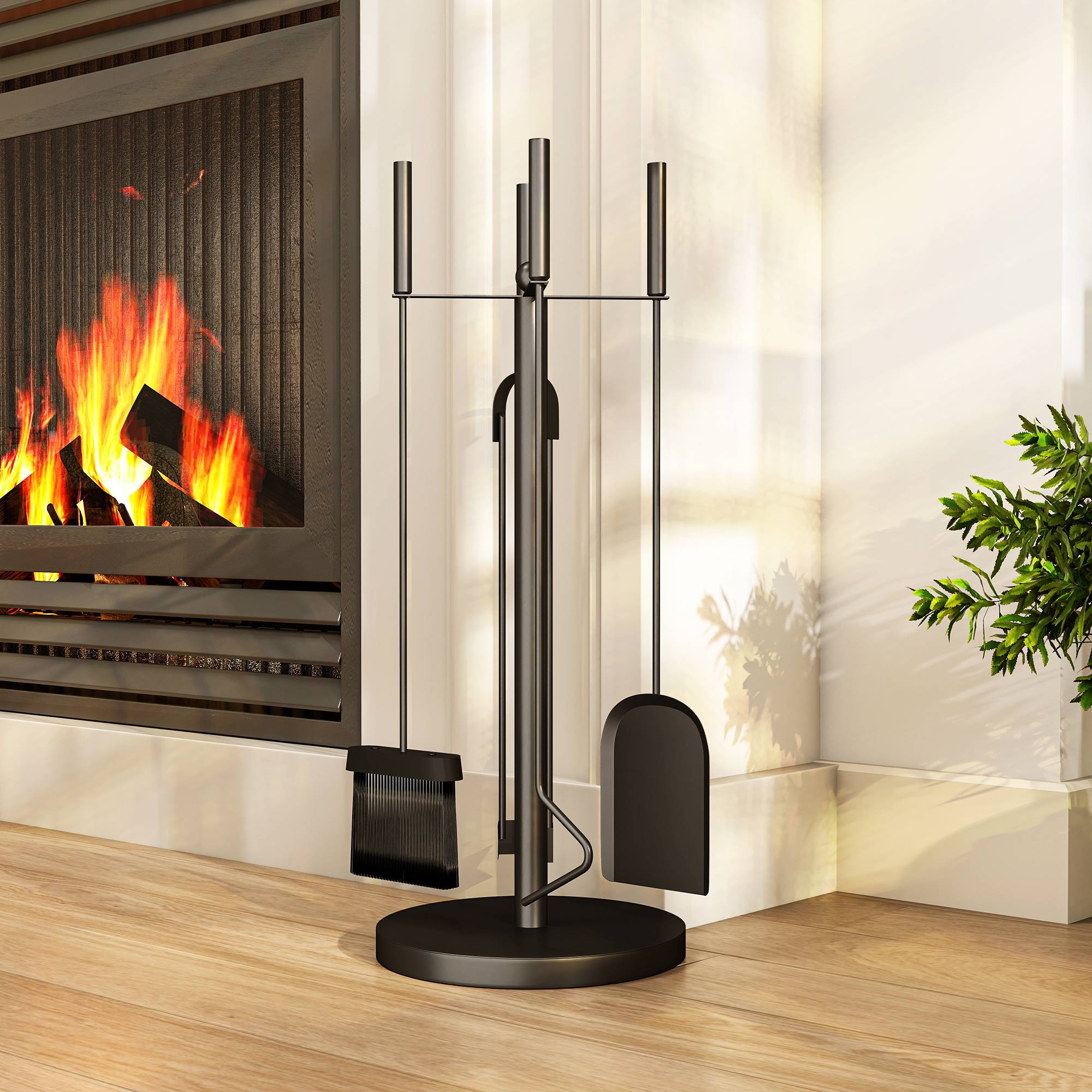 ComfortXL - Serviteur de cheminée 5 pièces en métal noir avec support rond Ø 25 cm pour entretien du foyer et rangement - Image 1