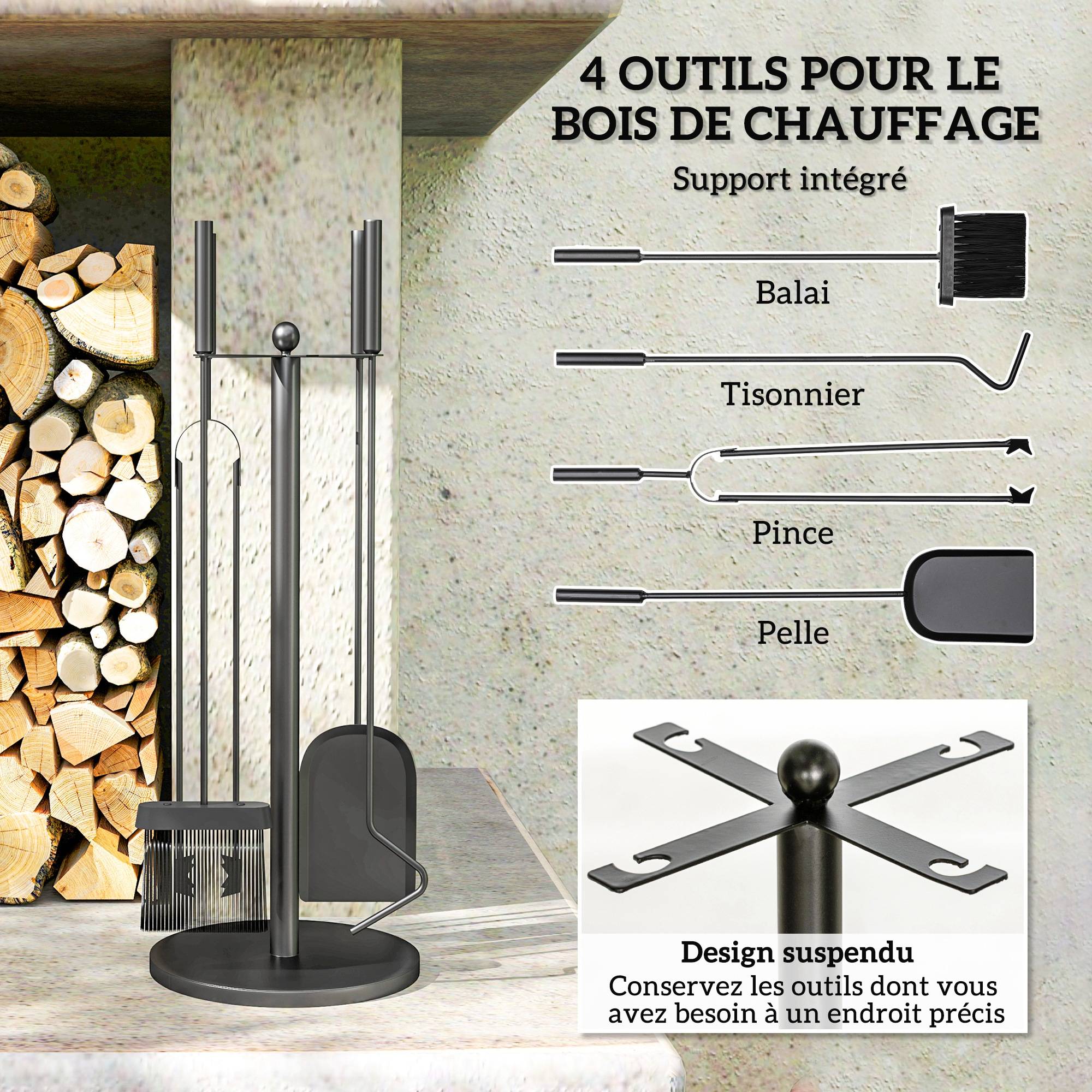 ComfortXL - Serviteur de cheminée 5 pièces en métal noir avec support rond Ø 25 cm pour entretien du foyer et rangement - Image 4
