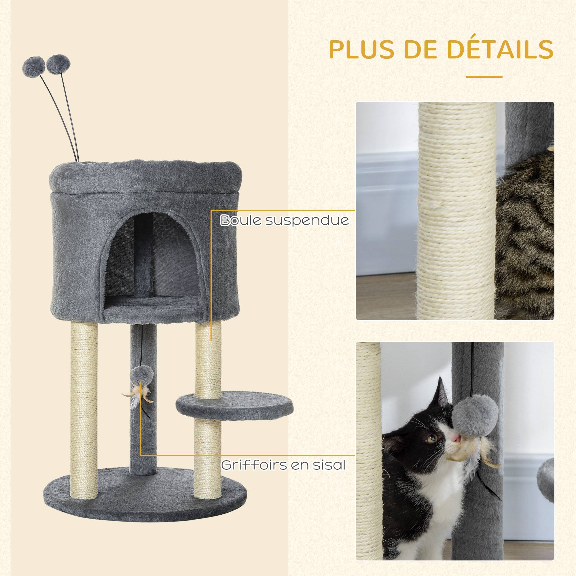 Pawhut - Arbre à chat 2 griffoirs sisal naturel niche plateforme panier observation jeu boules peluche gris - Imagen 5