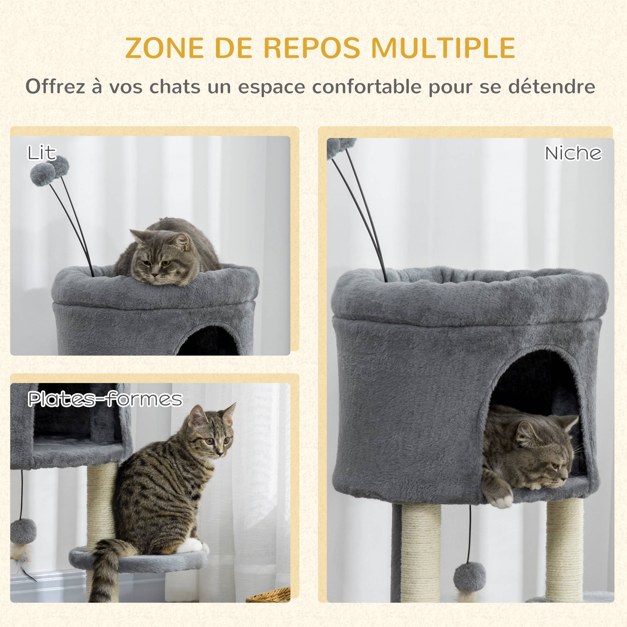 Pawhut - Arbre à chat 2 griffoirs sisal naturel niche plateforme panier observation jeu boules peluche gris - Imagen 4