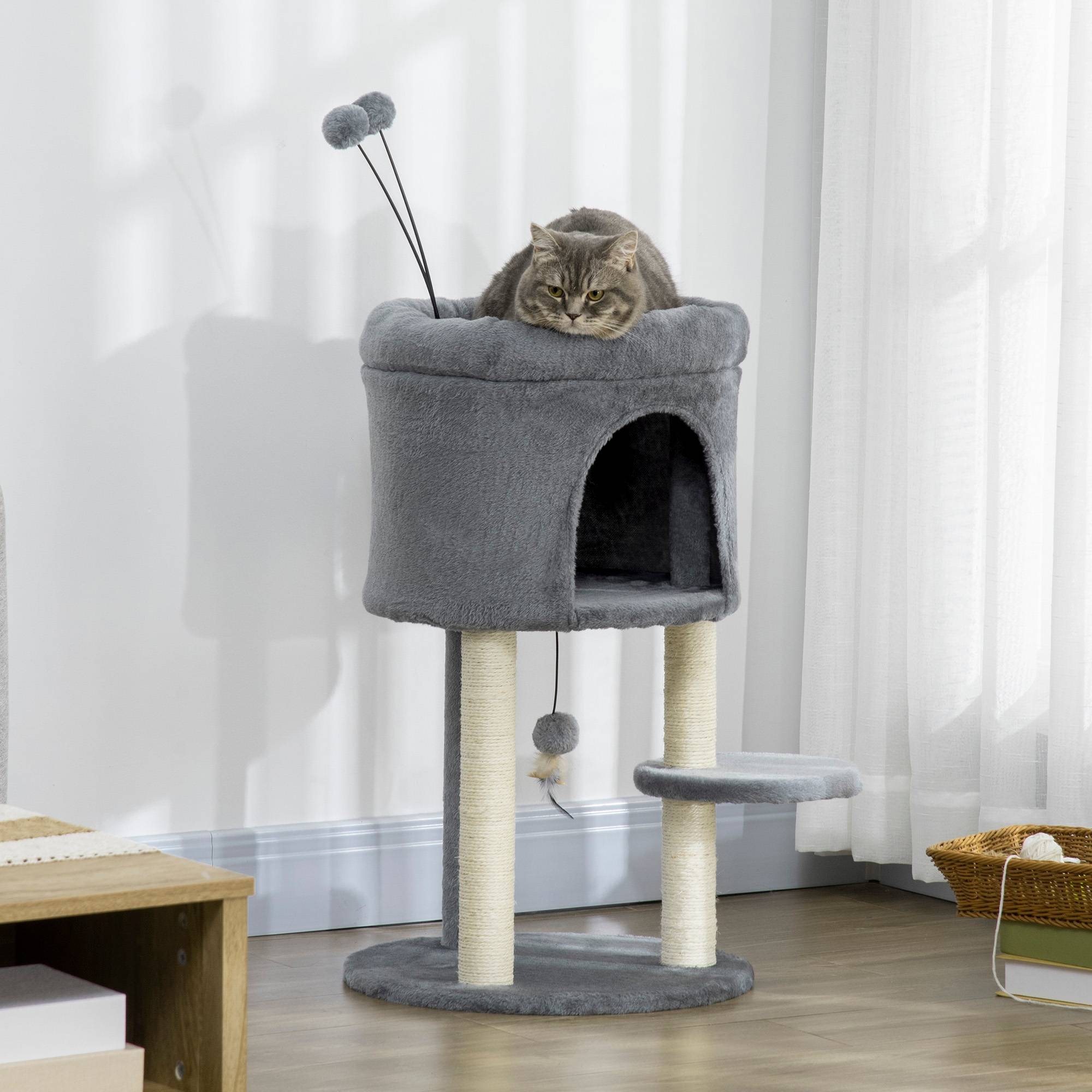 Pawhut - Arbre à chat 2 griffoirs sisal naturel niche plateforme panier observation jeu boules peluche gris - Imagen 2