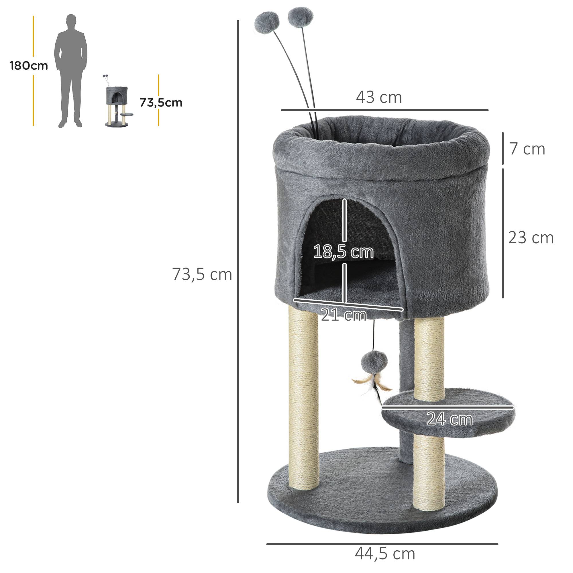 Pawhut - Arbre à chat 2 griffoirs sisal naturel niche plateforme panier observation jeu boules peluche gris - Imagen 3