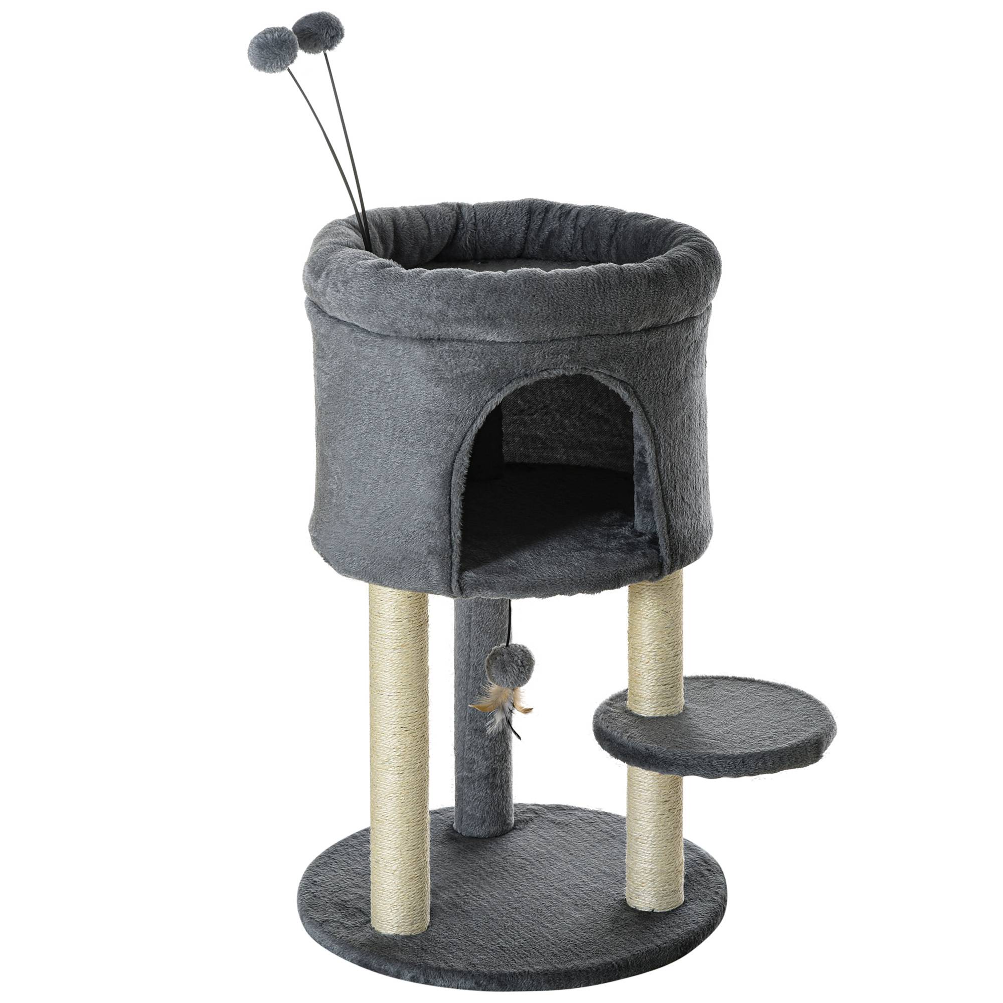 Pawhut - Arbre à chat 2 griffoirs sisal naturel niche plateforme panier observation jeu boules peluche gris - Imagen 1