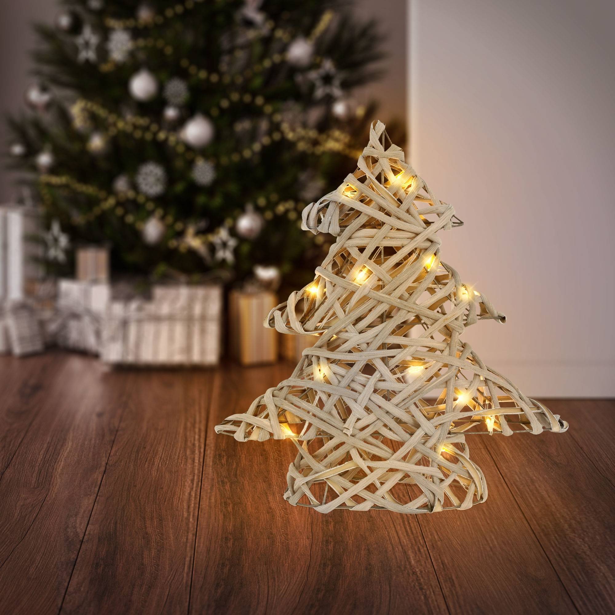 Ecd-Germany - Sapin de Noël décoratif à LED en rotin décoration d'hiver métalique 28 x 30 cm - Imagen 7