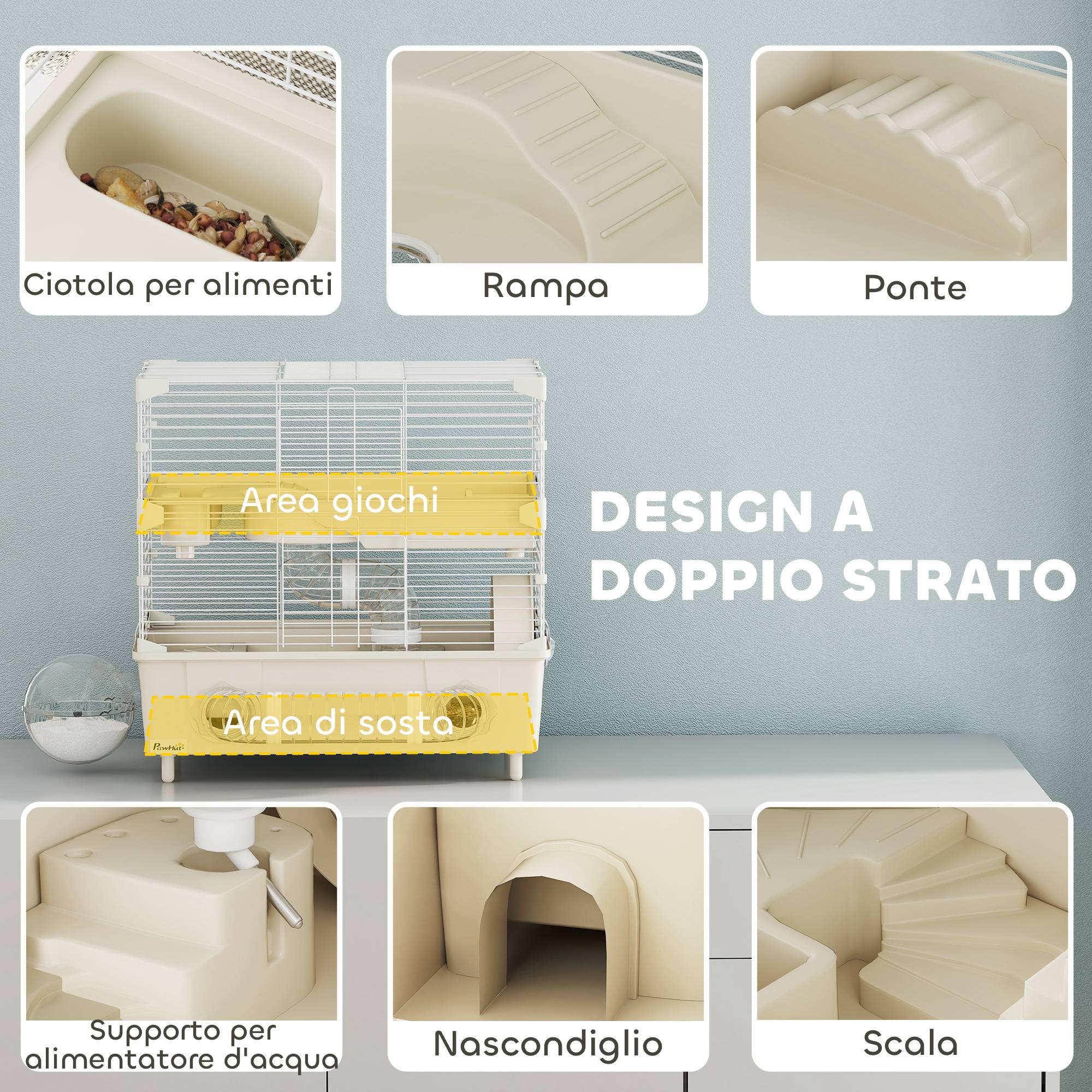 Cage Acier PP Hamsters 2 Niveaux Ventilation Optimale Tubes 44x28x44cm Crème - ComfortXL Outdoor Living - Image 6
