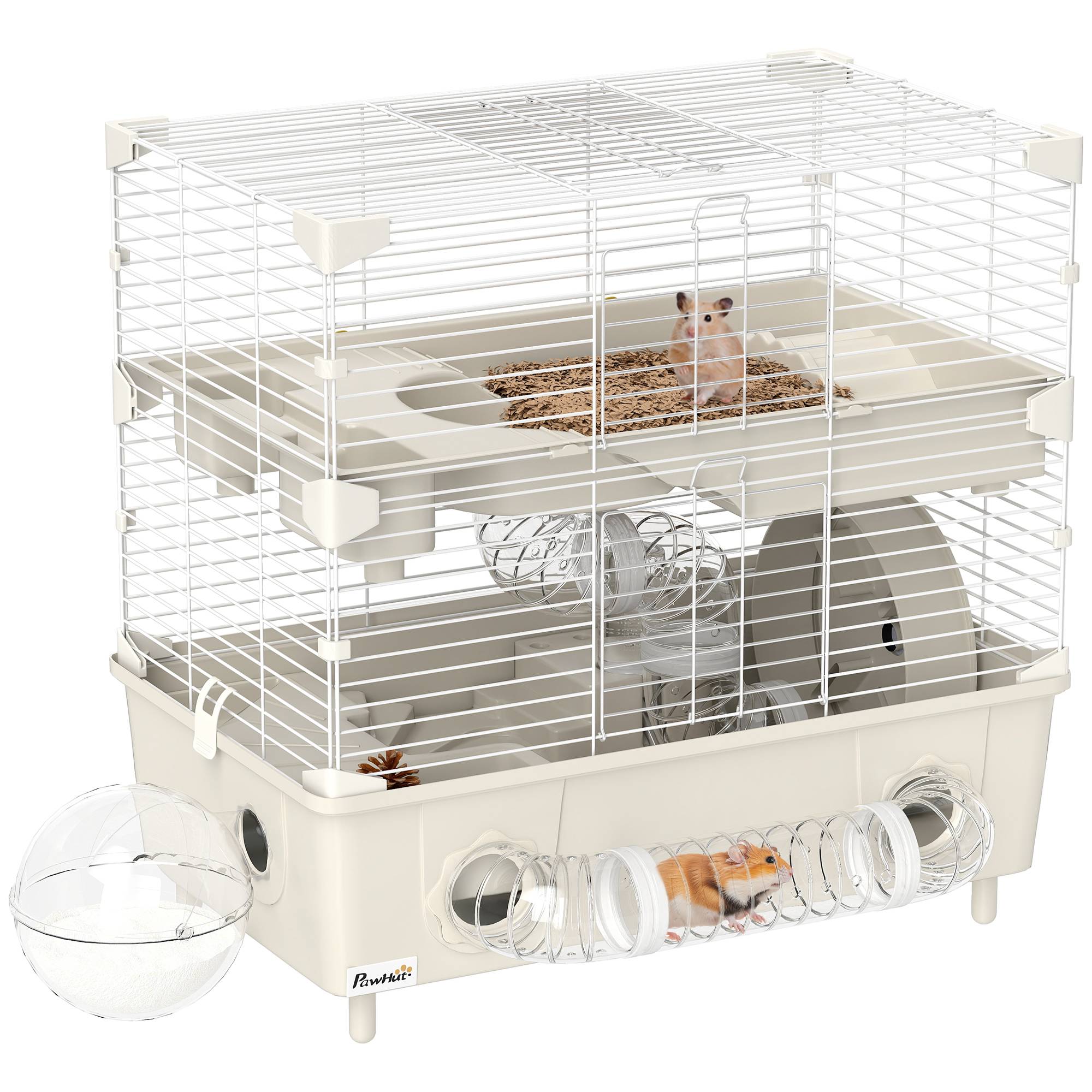 Cage Acier PP Hamsters 2 Niveaux Ventilation Optimale Tubes 44x28x44cm Crème - ComfortXL Outdoor Living - Image 1
