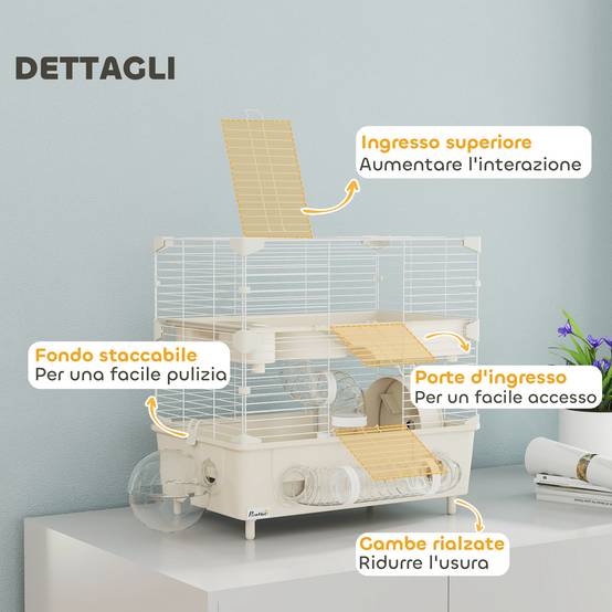 Cage Acier PP Hamsters 2 Niveaux Ventilation Optimale Tubes 44x28x44cm Crème - ComfortXL Outdoor Living - Image 8