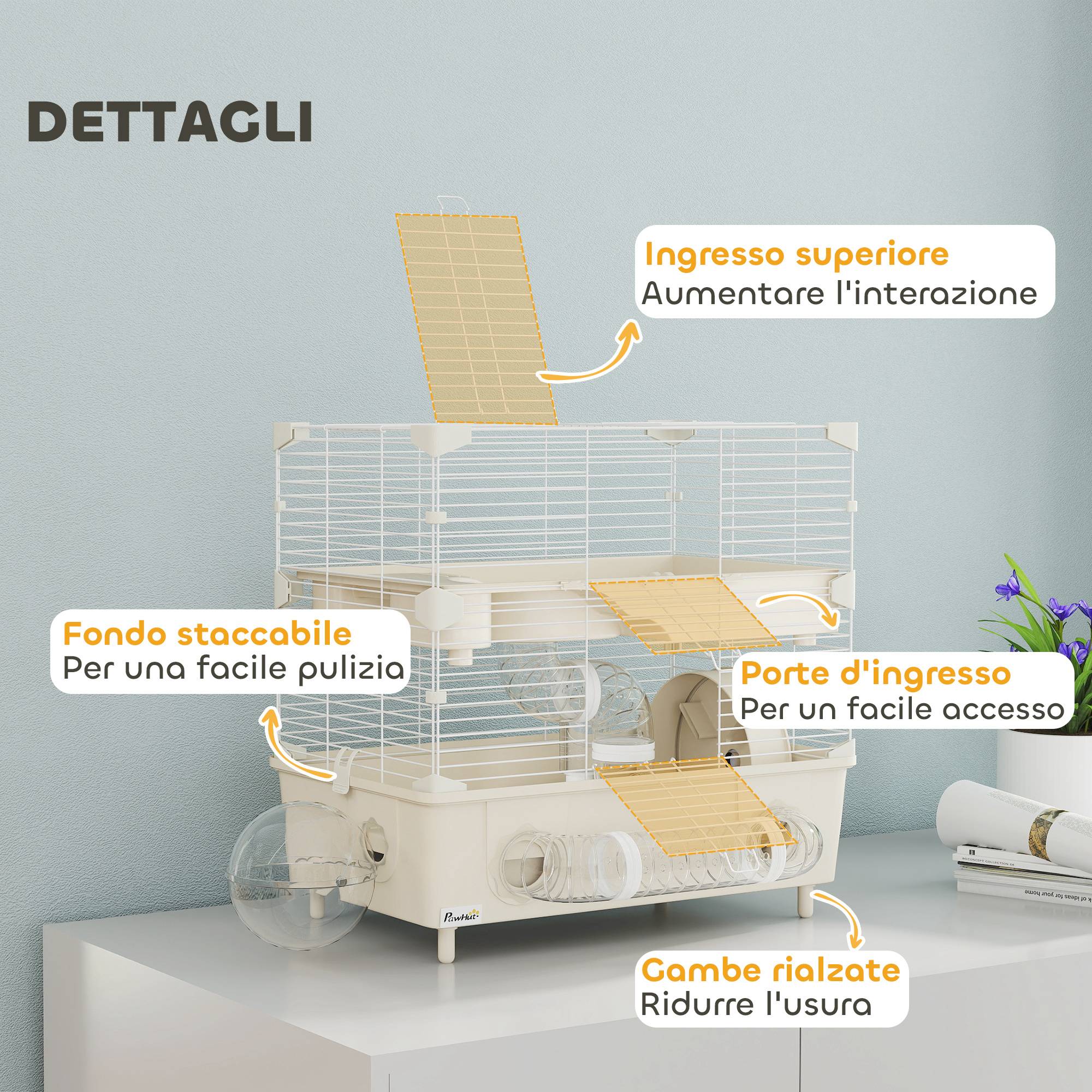 Cage Acier PP Hamsters 2 Niveaux Ventilation Optimale Tubes 44x28x44cm Crème - ComfortXL Outdoor Living - Image 8