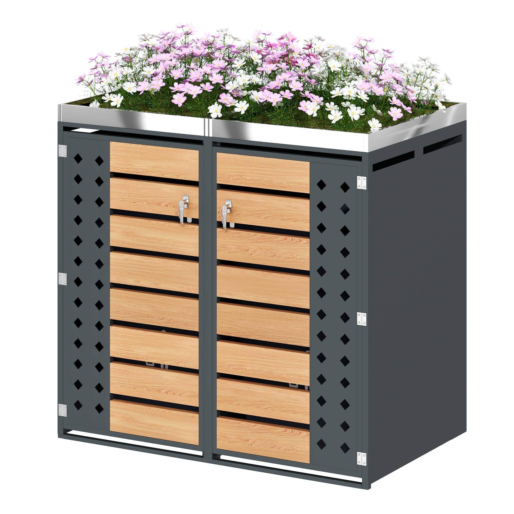 Cache-poubelle double Acier galvanisé Jardin Jardinière intégrée 132x80x124cm Gris - ComfortXL Outdoor Living - Image 2