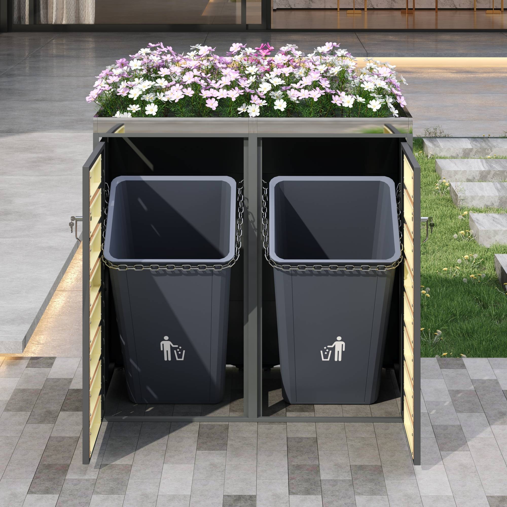 Cache-poubelle double Acier galvanisé Jardin Jardinière intégrée 132x80x124cm Gris - ComfortXL Outdoor Living - Image 4