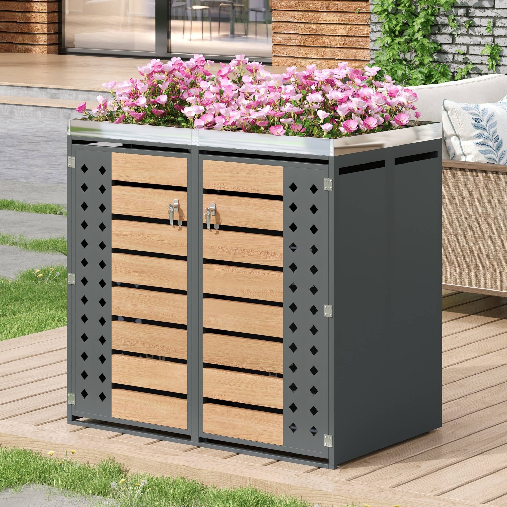Cache-poubelle double Acier galvanisé Jardin Jardinière intégrée 132x80x124cm Gris - ComfortXL Outdoor Living - Image 1