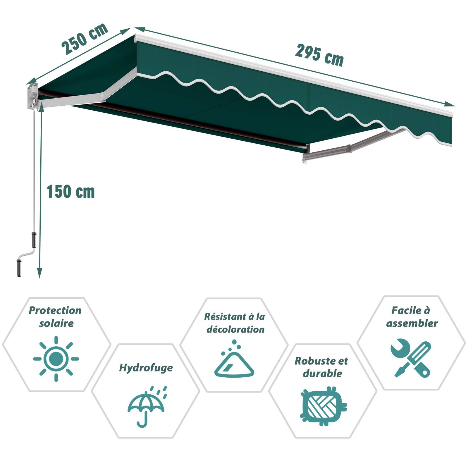 Costway - Store Banne Auvent Rétractable Manuel 295x250CM Angle Ajustable 40°-100° sans Perçage Vert - Image 5