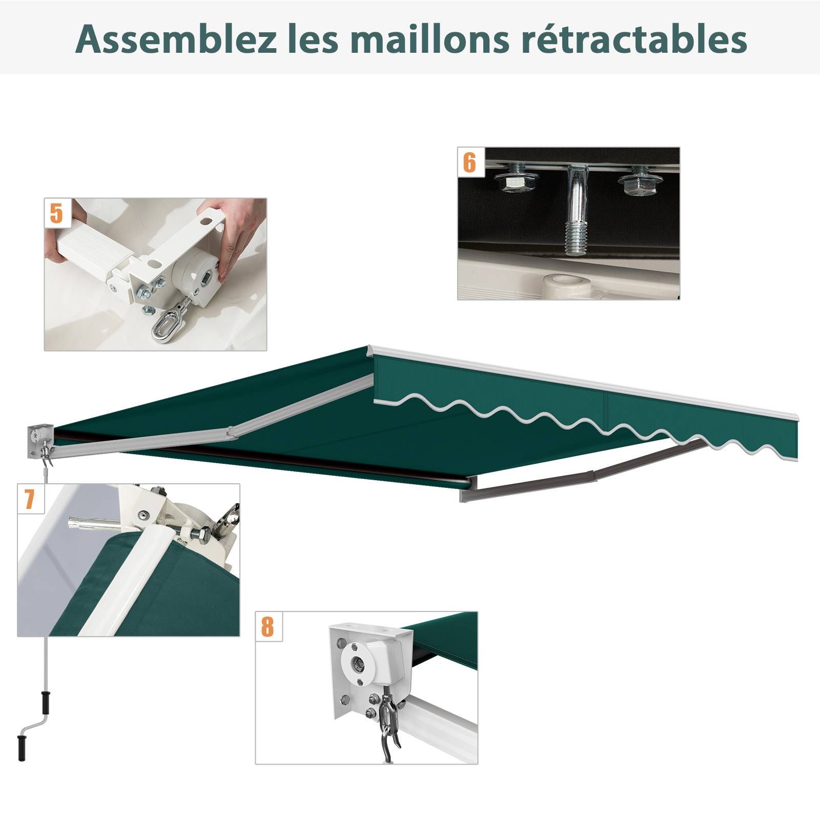 Costway - Store Banne Auvent Rétractable Manuel 295x250CM Angle Ajustable 40°-100° sans Perçage Vert - Image 3