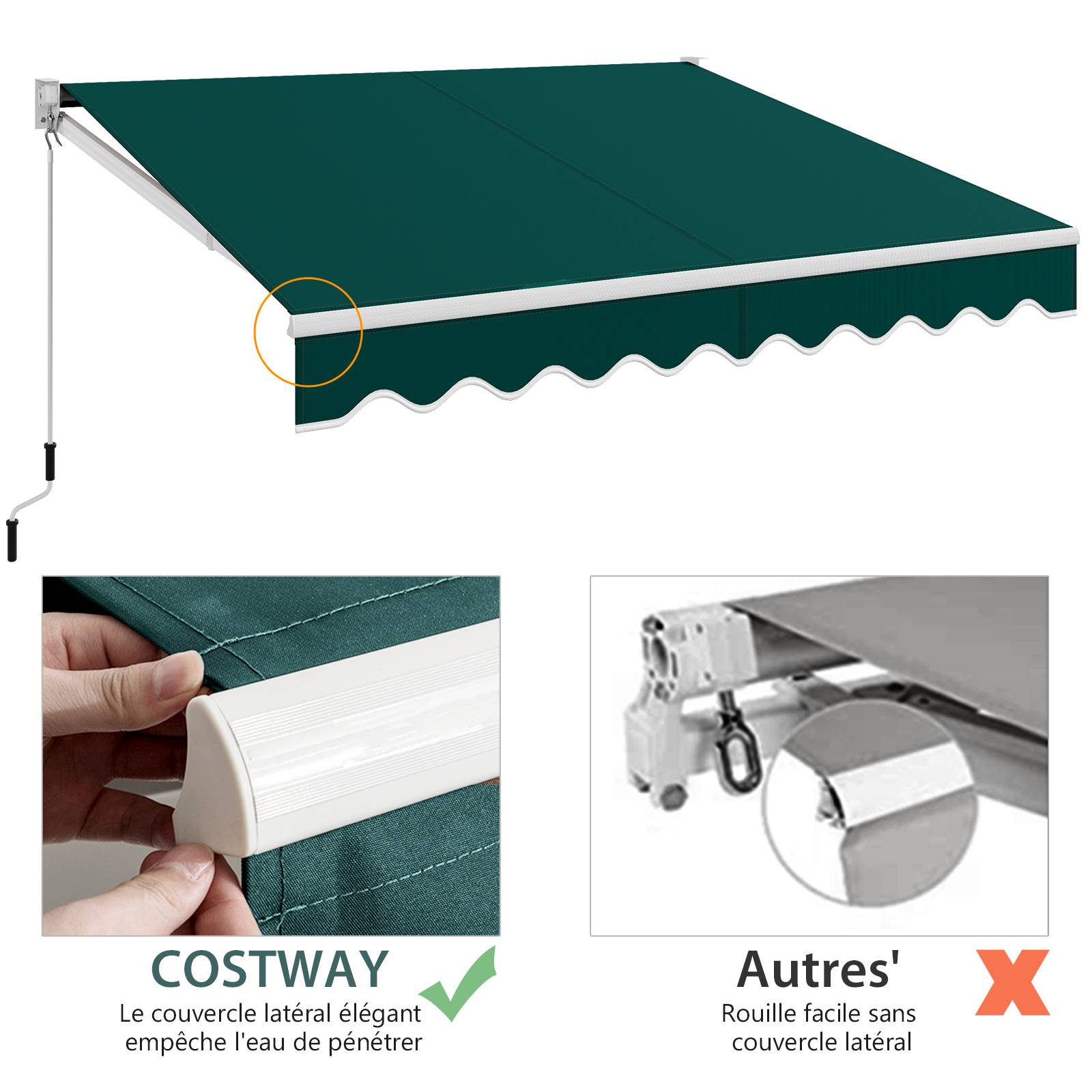 Costway - Store Banne Auvent Rétractable Manuel 295x250CM Angle Ajustable 40°-100° sans Perçage Vert - Image 6