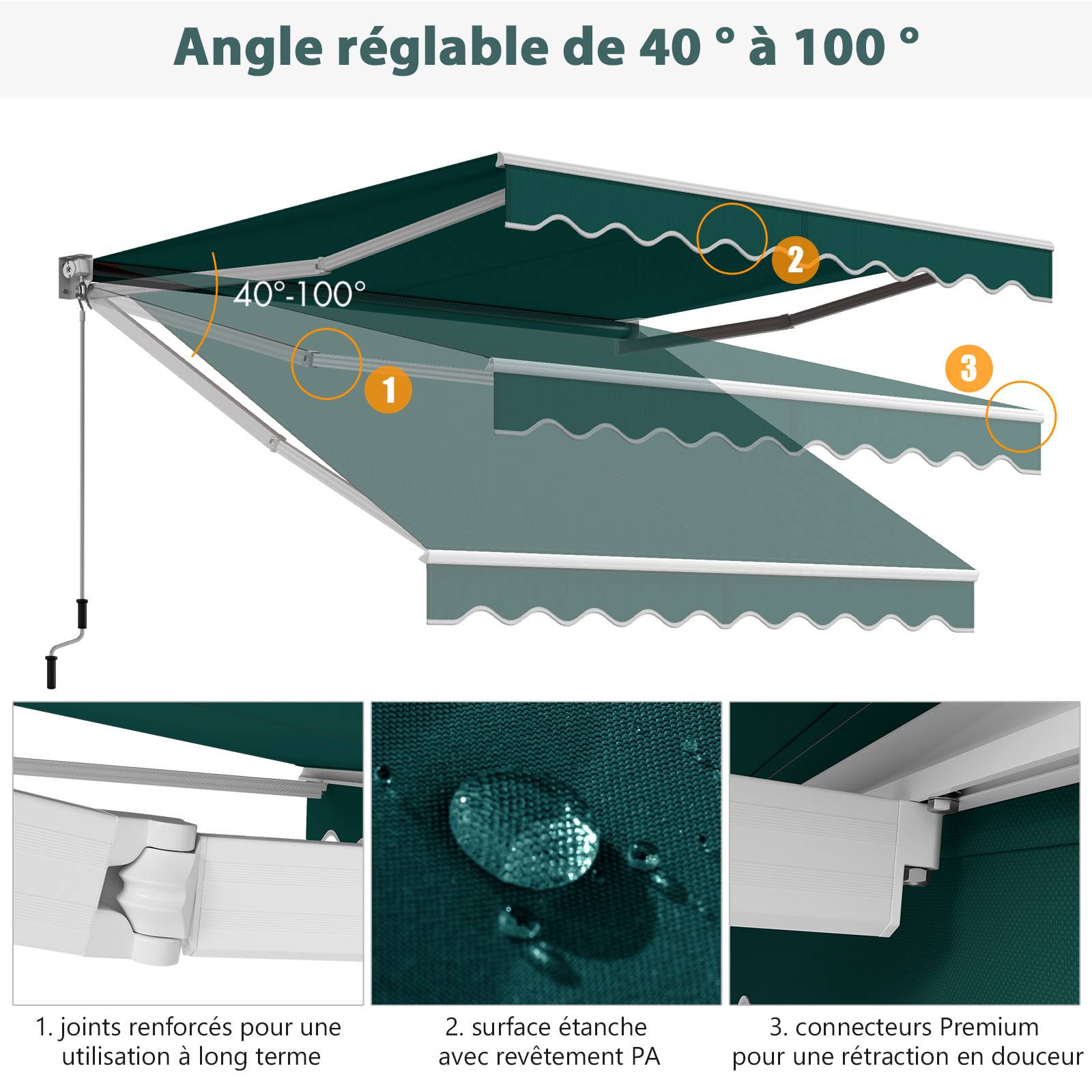 Costway - Store Banne Auvent Rétractable Manuel 295x250CM Angle Ajustable 40°-100° sans Perçage Vert - Image 4