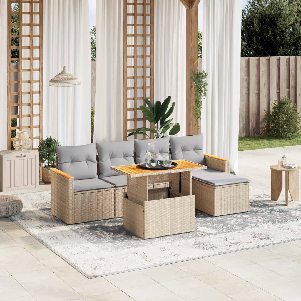 Salon de jardin 5 personnes résine tressée table transformable et pouf Beige – ComfortXL Outdoor Living - Image 1