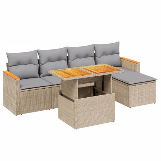 Salon de jardin 5 personnes résine tressée table transformable et pouf Beige – ComfortXL Outdoor Living - Image 2