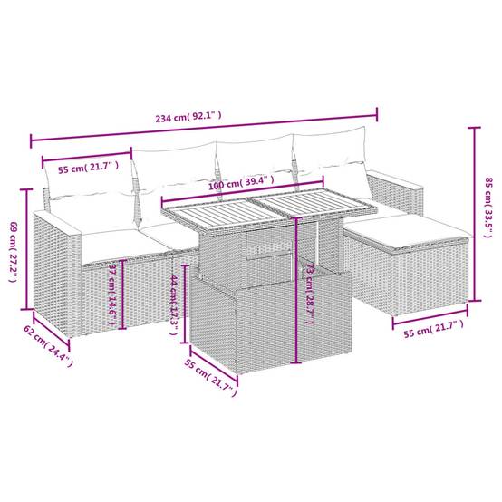 Salon de jardin 5 personnes résine tressée table transformable et pouf Beige – ComfortXL Outdoor Living - Image 3