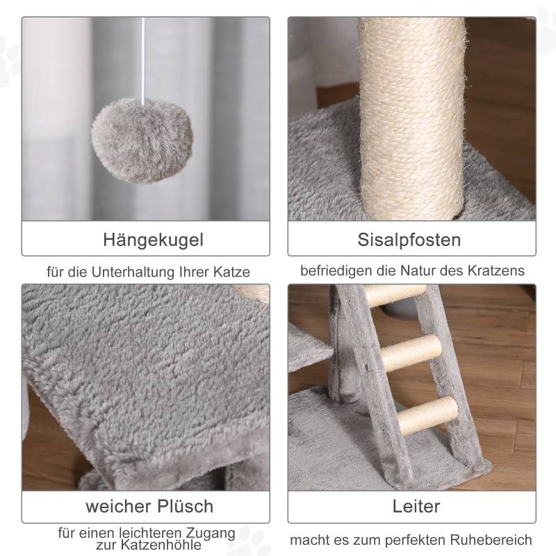 Tour à chat 120cm avec grotte, balle, poteaux sisal, plateforme et escalier multi-niveaux gris clair - Image 5