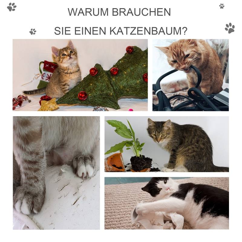 Tour à chat 120cm avec grotte, balle, poteaux sisal, plateforme et escalier multi-niveaux gris clair - Image 6