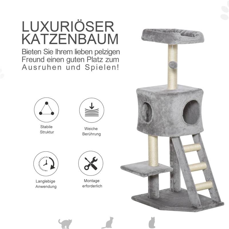Tour à chat 120cm avec grotte, balle, poteaux sisal, plateforme et escalier multi-niveaux gris clair - Image 4
