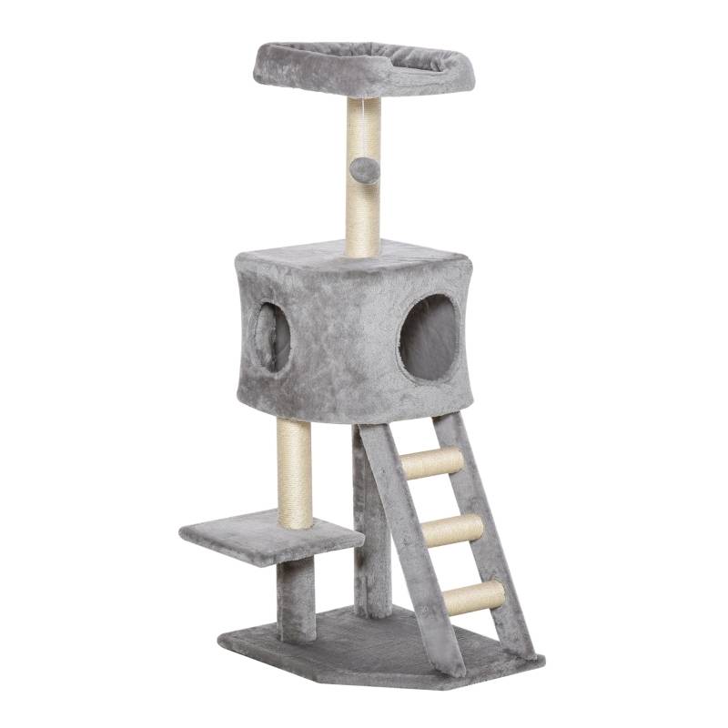 Tour à chat 120cm avec grotte, balle, poteaux sisal, plateforme et escalier multi-niveaux gris clair - Image 1
