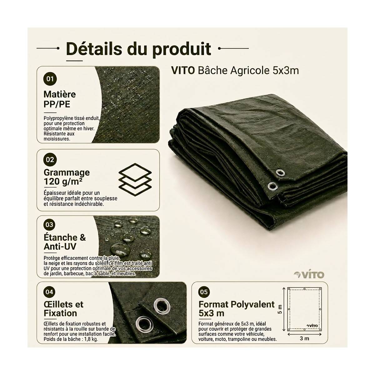 Vito - Bâche de protection 5 x 3 m Verte Etanche Protection Anti UV VITO - Imagen 7