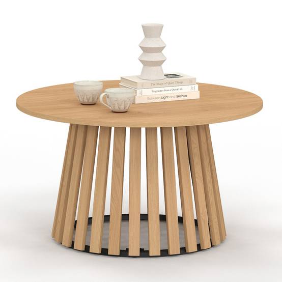 Table basse ronde CARMEN 70 cm pied bois en lattes et plateau bois - Image 2