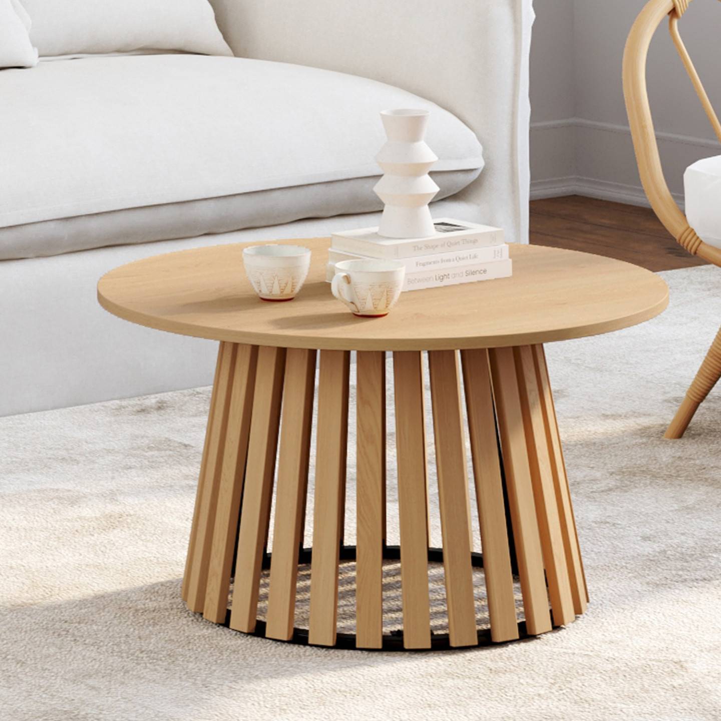 Table basse ronde CARMEN 70 cm pied bois en lattes et plateau bois - Image 1