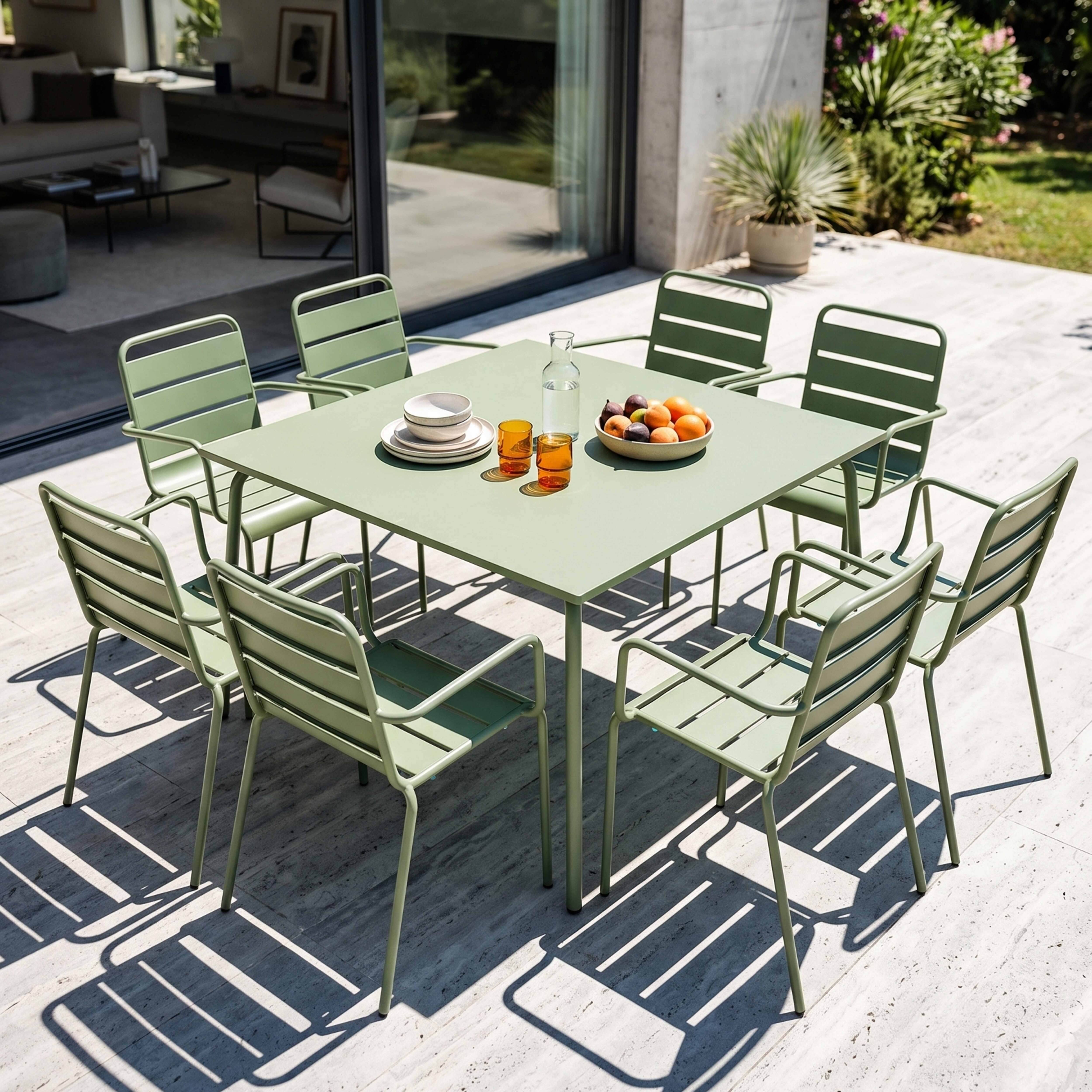 Oviala - Ensemble table de jardin carrée et 8 fauteuils en métal vert cactus  Palavas - Oviala - Imagen 2