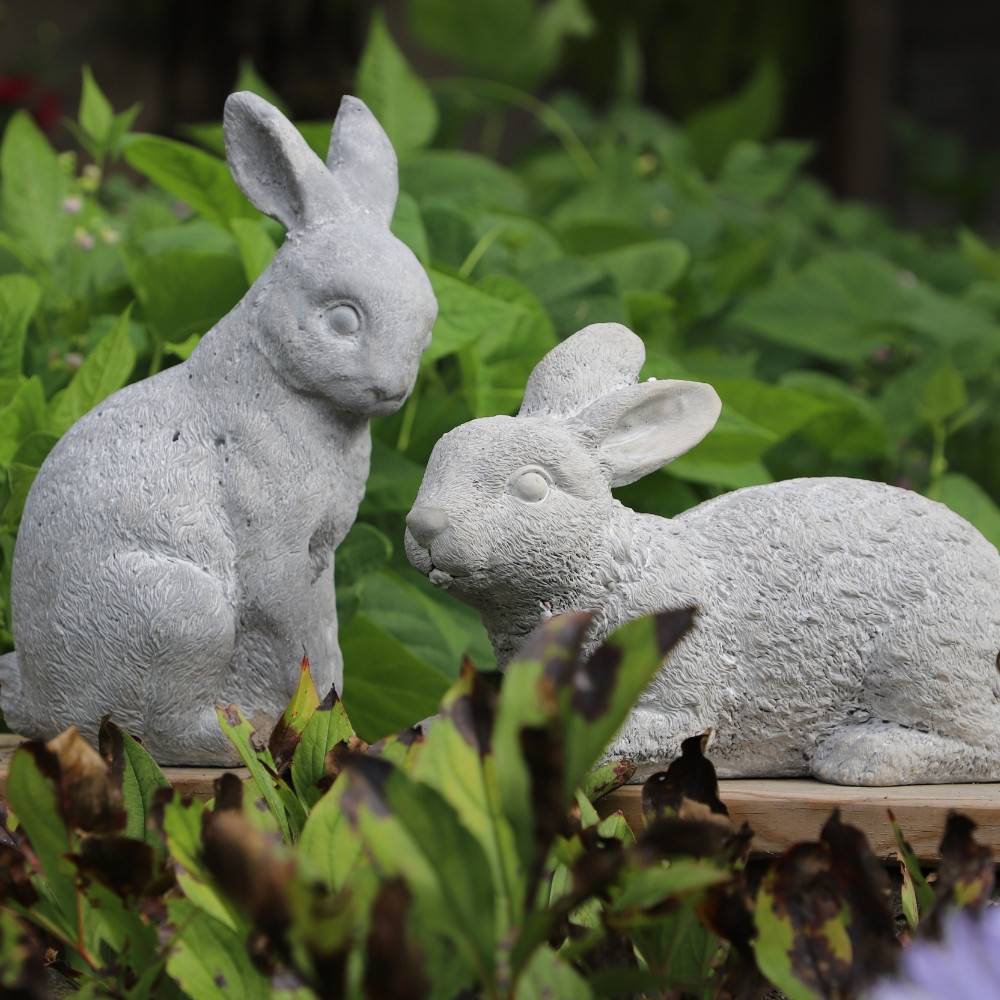 Lapin de jardin couché en béton gris 30 x 14 x 19 cm Chemin de campagne - Imagen 5