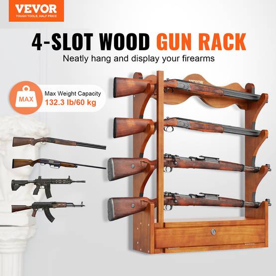 VEVOR Support mural arme à feu, bois, 4 fusils. Charge 60 kg, rembourrage doux. Exposition, rangement. - Image 2